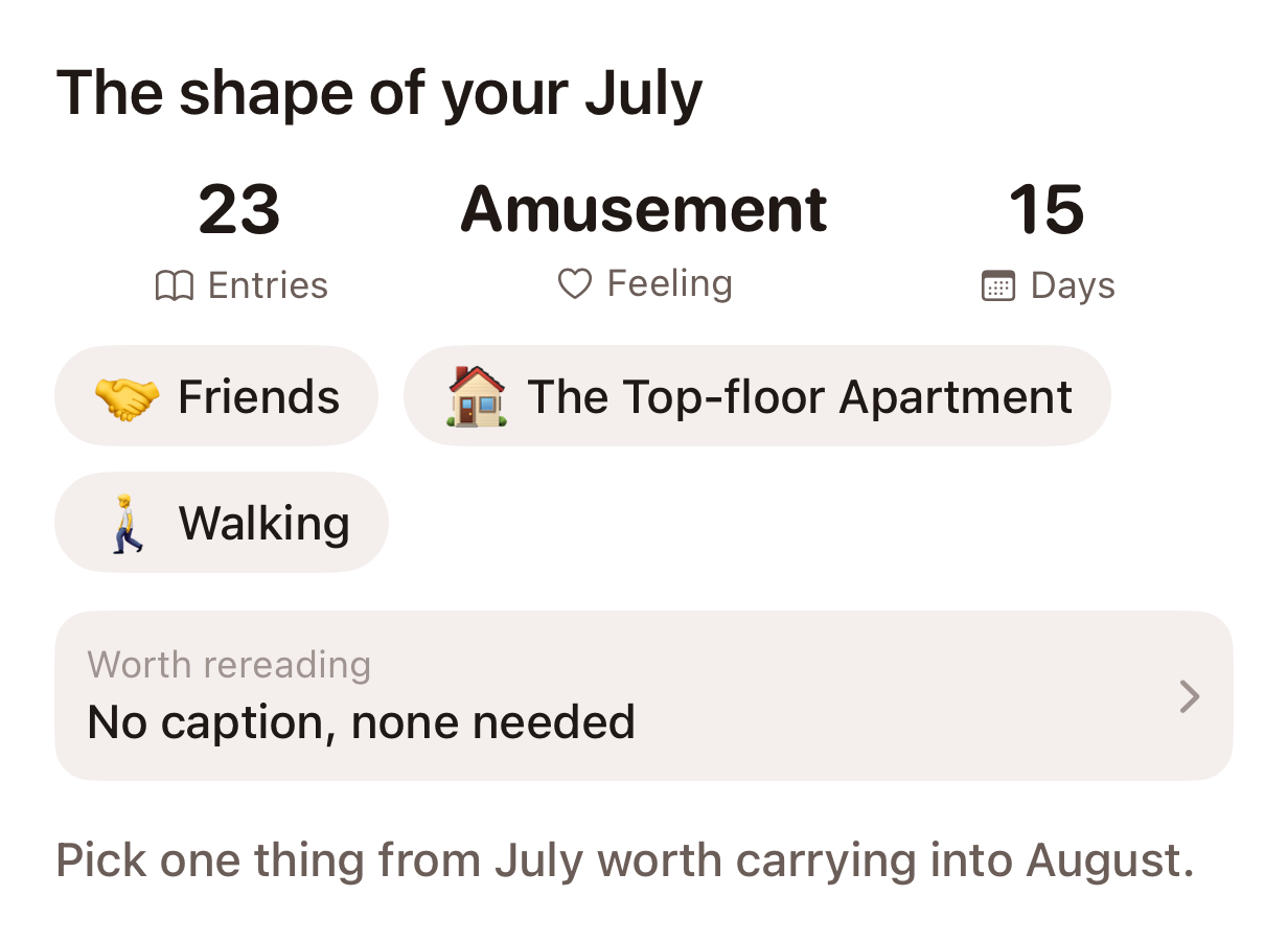 A Compose insight card summarizing July: 23 entries, top feeling amusement, and recurring tags