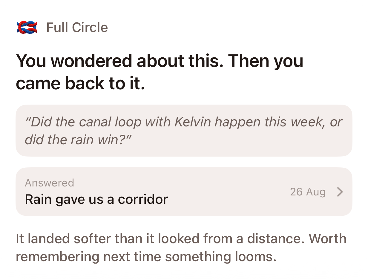 A Compose insight card showing a follow-up question and the entry that answered it