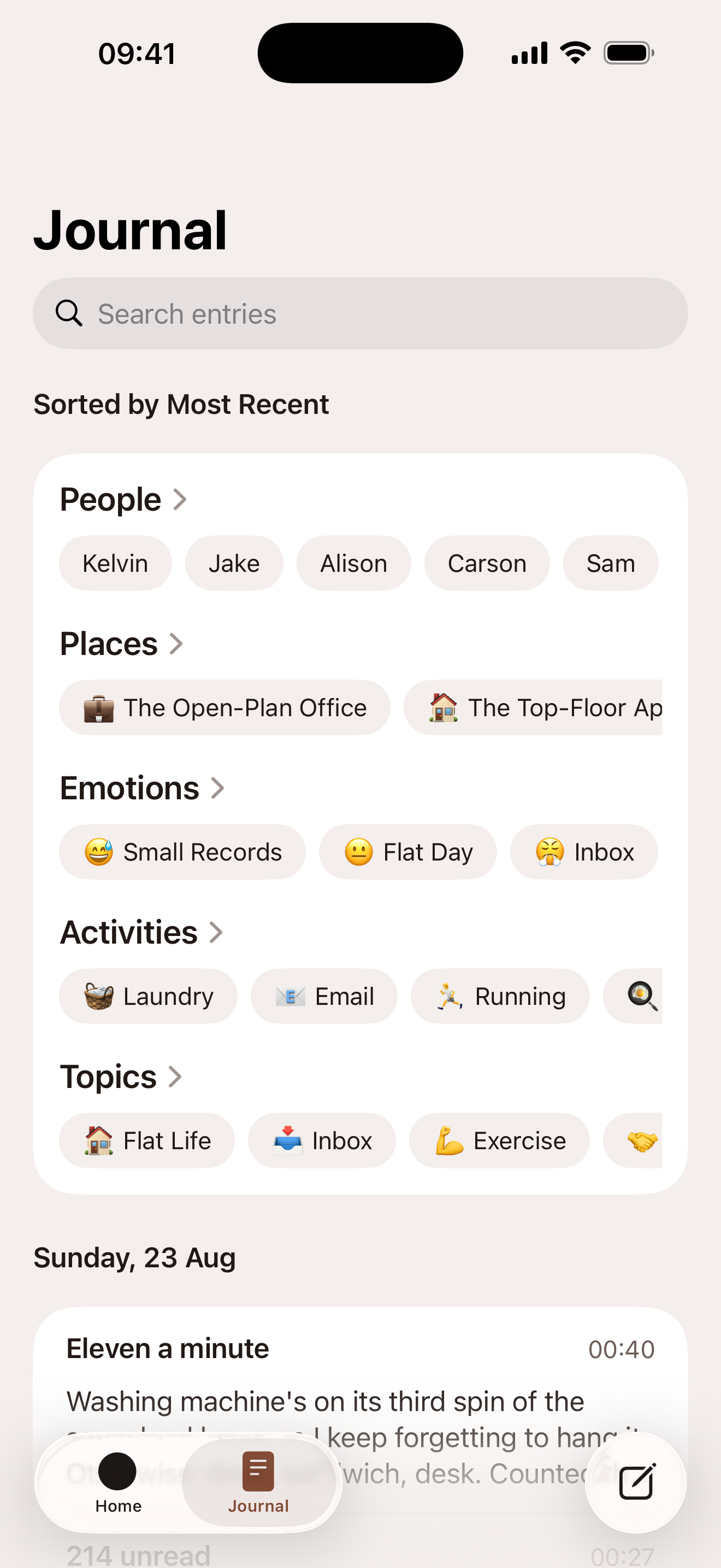 Compose automatically organizing journal entries by people, places, emotions, activities, and topics