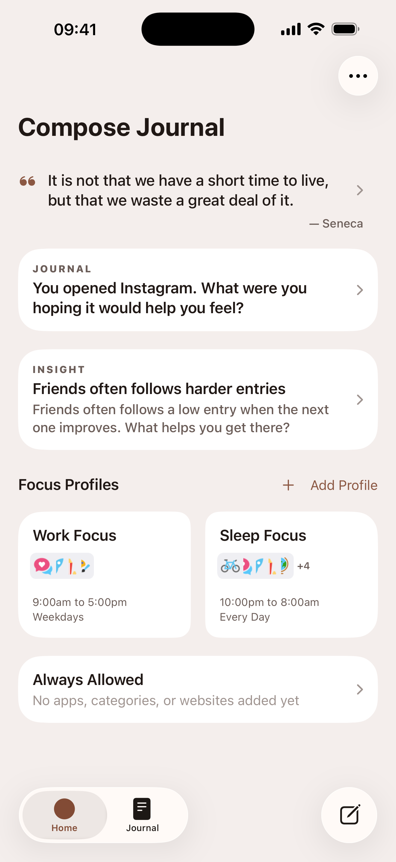 The Compose home screen listing focus profiles, with a Sleep Focus profile scheduled from 10:00pm to 8:00am every day