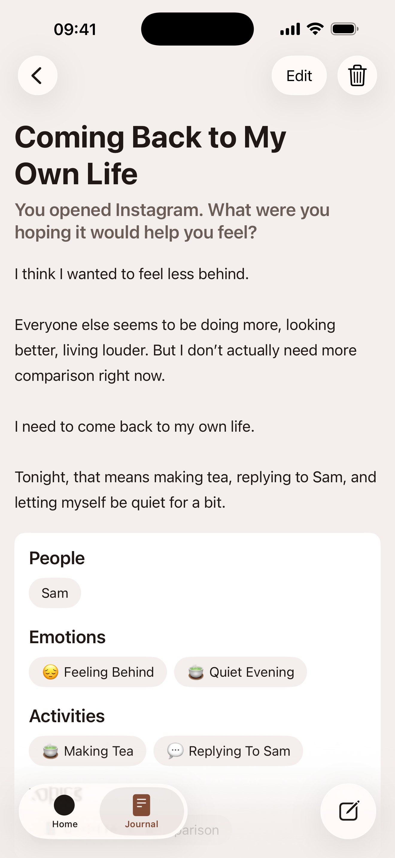A Compose journal entry with extracted people, emotions, and activities