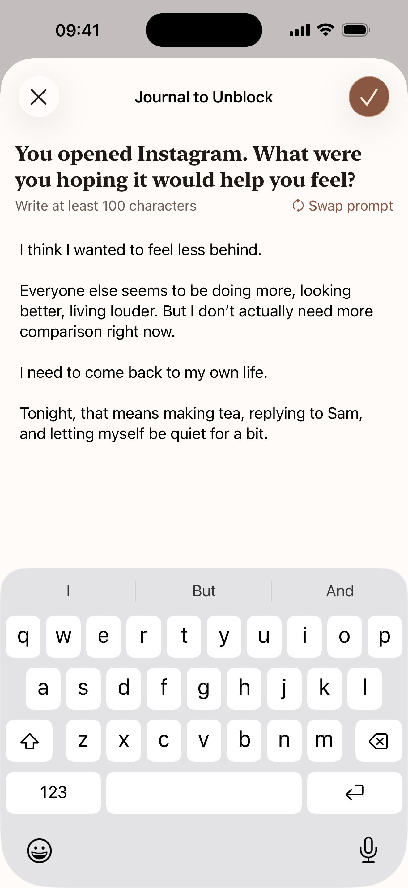 A Compose journal entry being written in response to the prompt about opening Instagram